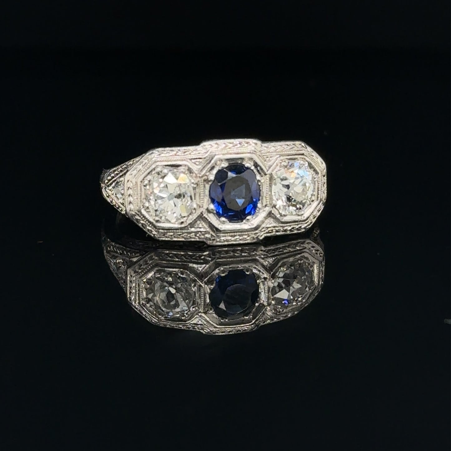Antique Platinum Filigree Sapphire and Diamond Ring