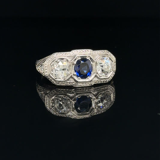 Antique Platinum Filigree Sapphire and Diamond Ring