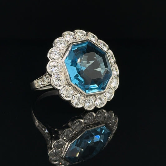 Estate Platinum and Diamond Ring With Custom Cut Blue Topaz