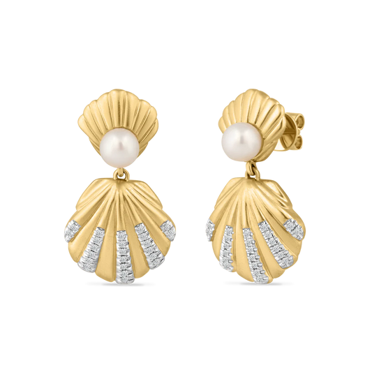 Pearl And Diamond Seashell Earrings